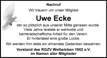 Traueranzeige von Uwe Ecke von Mitteldeutsche Zeitung Mansfelder Land