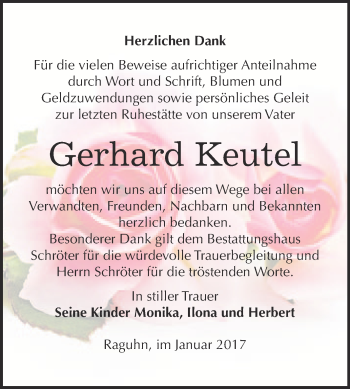 Traueranzeige von Gerhard Keutel von WVG - Wochenspiegel Bitterfeld