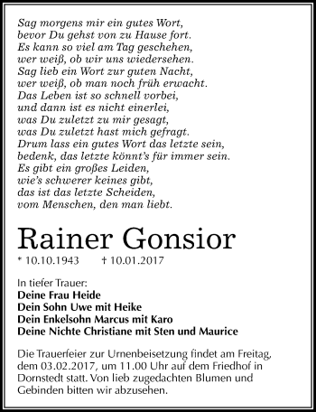 Traueranzeige von Rainer Gonsior von Mitteldeutsche Zeitung Merseburg/Querfurt