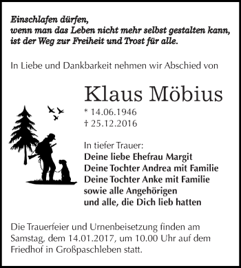 Traueranzeige von Klaus Möbius von WVG - Wochenspiegel Dessau / Köthen