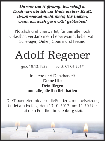 Traueranzeige von Adolf Regener von Super Sonntag Bernburg