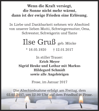 Traueranzeige von Ilse Gruß von Super Sonntag Aschersleben