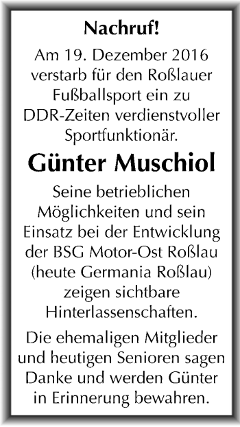 Traueranzeige von Günter Muschiol von Mitteldeutsche Zeitung Dessau-Roßlau