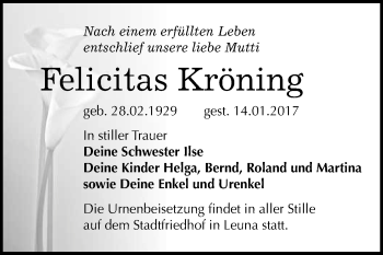 Traueranzeige von Felicitas Kröning von Super Sonntag Halle
