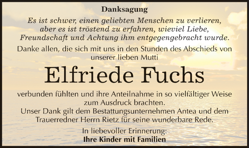  Traueranzeige für Elfriede Fuchs vom 21.01.2017 aus Mitteldeutsche Zeitung Dessau-Roßlau