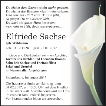 Traueranzeige von Elfriede Sachse von Super Sonntag Halle