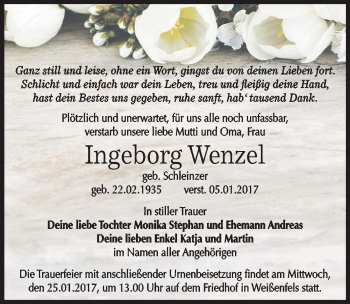 Traueranzeige von Ingeborg Wenzel von Mitteldeutsche Zeitung Weißenfels