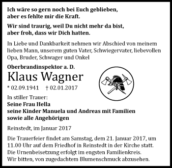 Traueranzeige von Klaus Wagner von Mitteldeutsche Zeitung