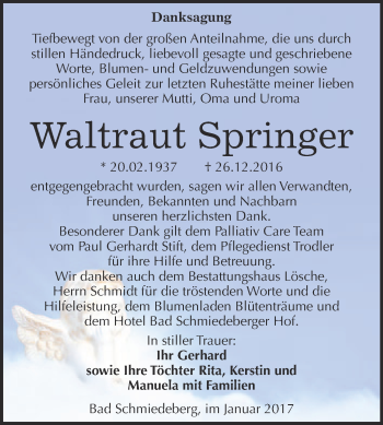 Traueranzeige von Waltraut Springer von WVG - Wochenspiegel Wittenberg