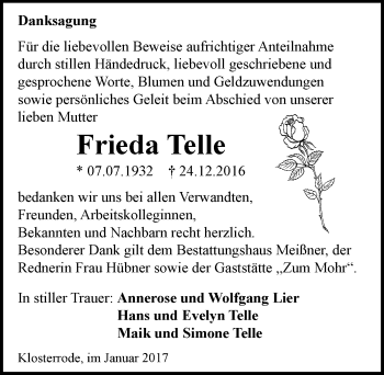 Traueranzeige von Frieda Telle von Mitteldeutsche Zeitung Sangerhausen