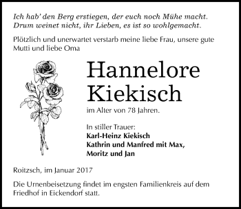 Traueranzeige von Hannelore Kiekisch von Mitteldeutsche Zeitung Bitterfeld