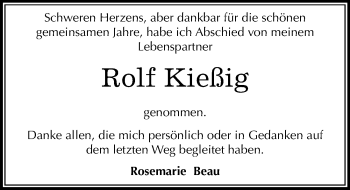 Traueranzeige von Rolf Kießig von Mitteldeutsche Zeitung Bernburg