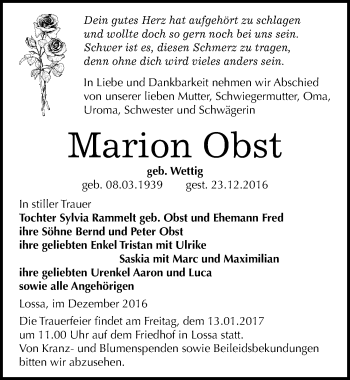 Traueranzeige von Marion Obst von Mitteldeutsche Zeitung Naumburg/Nebra