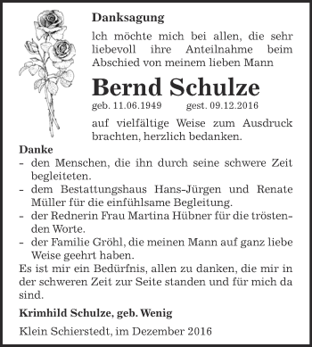 Traueranzeige von Bernd Schulze von Super Sonntag Aschersleben
