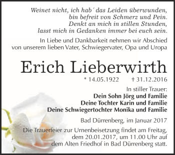 Traueranzeige von Erich Lieberwirth von Super Sonntag Merseburg