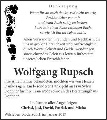 Traueranzeige von Wolfgang Rupsch von Super Sonntag SGH Mansf. Land
