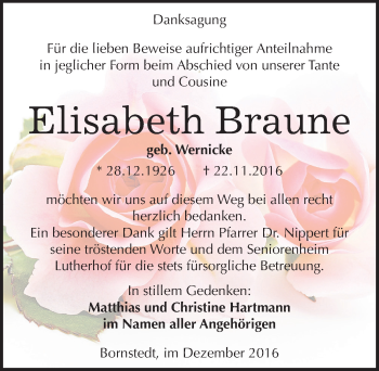 Traueranzeige von Elisabeth Braune von Mitteldeutsche Zeitung Mansfelder Land