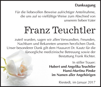 Traueranzeige von Franz Teuchtler von Mitteldeutsche Zeitung Sangerhausen