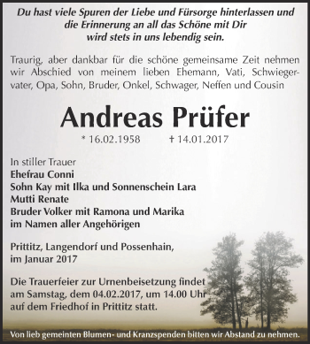 Traueranzeige von Andreas Prüfer von WVG - Wochenspiegel NMB / WSF / ZTZ