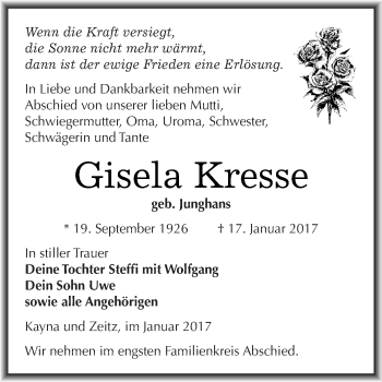 Traueranzeige von Gisela Kresse von Super Sonntag Zeitz