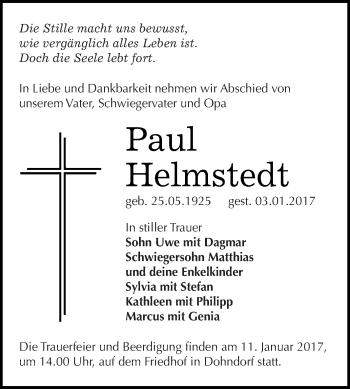 Traueranzeige von Paul Helmstedt von WVG - Wochenspiegel Dessau / Köthen