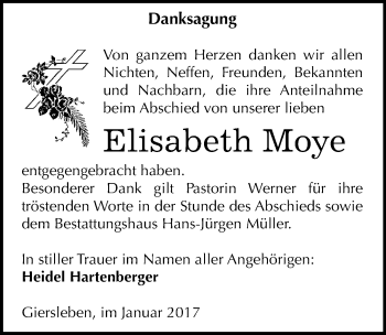 Traueranzeige von Elisabeth Moye von Mitteldeutsche Zeitung Aschersleben