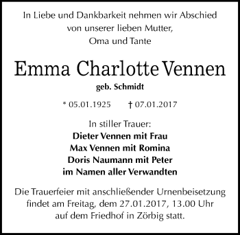 Traueranzeige von Emma Charlotte Vennen von Mitteldeutsche Zeitung Bitterfeld