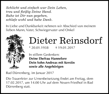 Traueranzeige von Dieter Reinsdorf von Mitteldeutsche Zeitung Merseburg/Querfurt