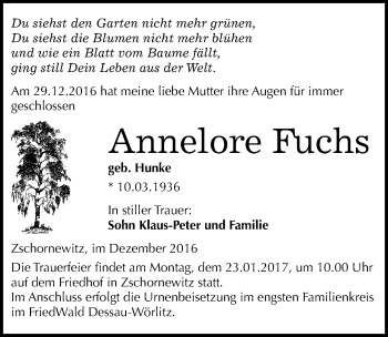 Traueranzeige von Annelore Fuchs von Mitteldeutsche Zeitung Wittenberg