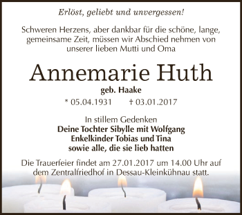 Traueranzeige von Annemarie Huth von WVG - Wochenspiegel Dessau / Köthen