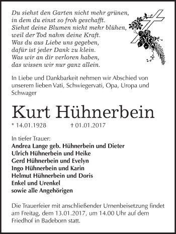 Traueranzeige von Kurt Hühnerbein von WVG - Wochenspiegel Quedlinburg