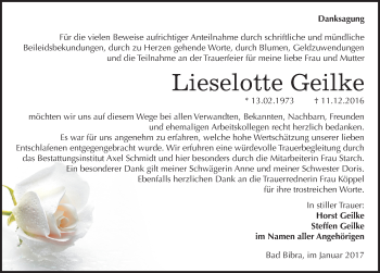 Traueranzeige von Lieselotte Geilke von Mitteldeutsche Zeitung Naumburg/Nebra