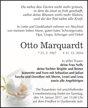 Traueranzeige von Otto Marquardt von WVG - Wochenspiegel Quedlinburg