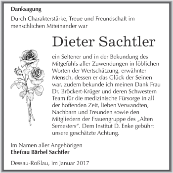Traueranzeige von Dieter Sachtler von WVG - Wochenspiegel Dessau / Köthen