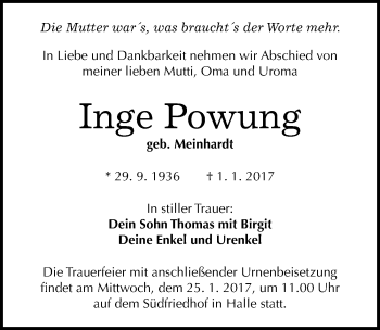 Traueranzeige von Inge Powung von Mitteldeutsche Zeitung Halle/Saalkreis