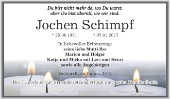 Traueranzeige von Jochen Schimpf von Wochenspiegel Mansfelder Land