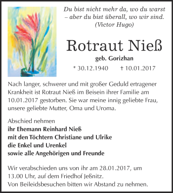 Traueranzeige von Rotraut Nieß von WVG - Wochenspiegel Bitterfeld