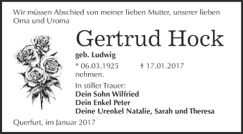 Traueranzeige von Gertrud Hock von WVG - Wochenspiegel Merseburg