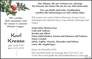 Traueranzeige von Karl Kresse von Mitteldeutsche Zeitung Zeitz