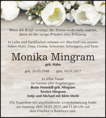 Traueranzeige von Monika Mingram von WVG - Wochenspiegel Quedlinburg