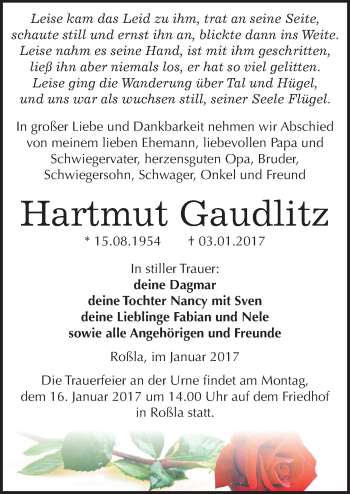 Traueranzeige von Hartmut Gaudlitz von Mitteldeutsche Zeitung Sangerhausen