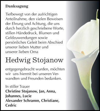 Traueranzeige von Hedwig Stojanow von Super Sonntag SGH Mansf. Land