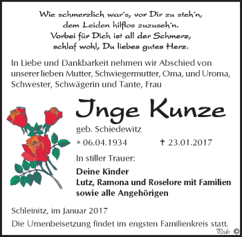 Traueranzeige von Inge Kunze von Mitteldeutsche Zeitung Zeitz