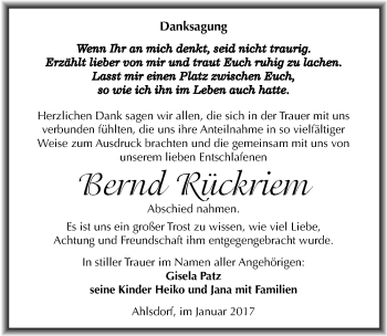 Traueranzeige von Bernd Rückriem von Mitteldeutsche Zeitung Mansfelder Land