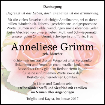 Traueranzeige von Anneliese Grimm von Super Sonntag Zeitz