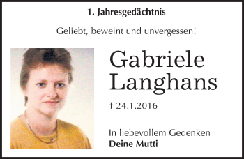 Traueranzeige von Gabriele Langhans von Mitteldeutsche Zeitung Köthen