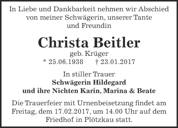 Traueranzeige von Christa Beitler von Super Sonntag Bernburg