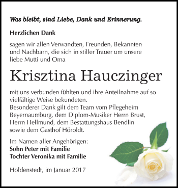 Traueranzeige von Krisztina Hauczinger von Super Sonntag SGH Mansf. Land