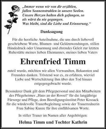 Traueranzeige von Ehrenfried Timm von WVG - Wochenspiegel Dessau / Köthen