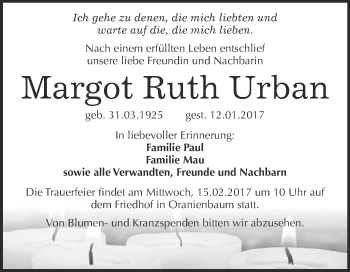 Traueranzeige von Margot Ruth Urban von Super Sonntag Wittenberg